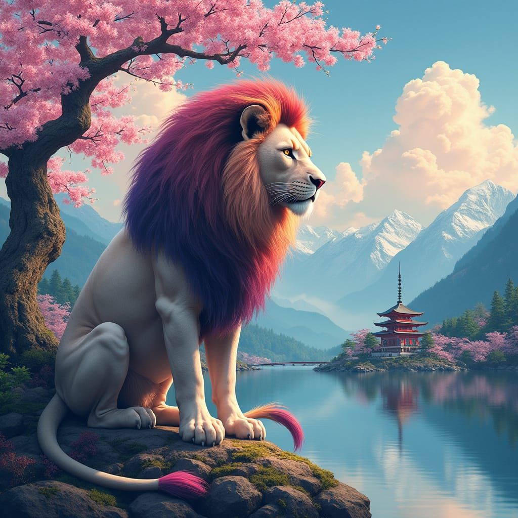 Majestic Lion in Harmony with Nature and Japanese Art