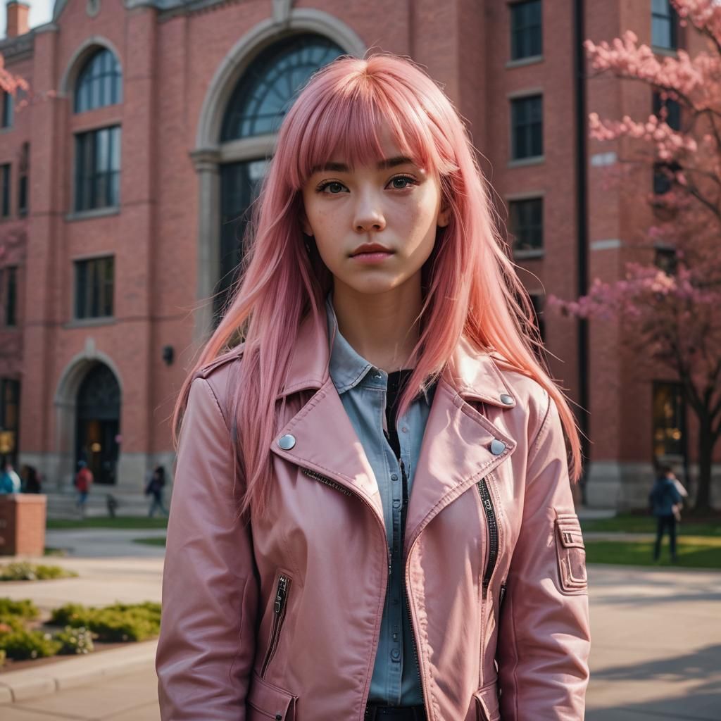 Pink-Haired Woman in Leather Jacket: Hyperrealistic Portrait
