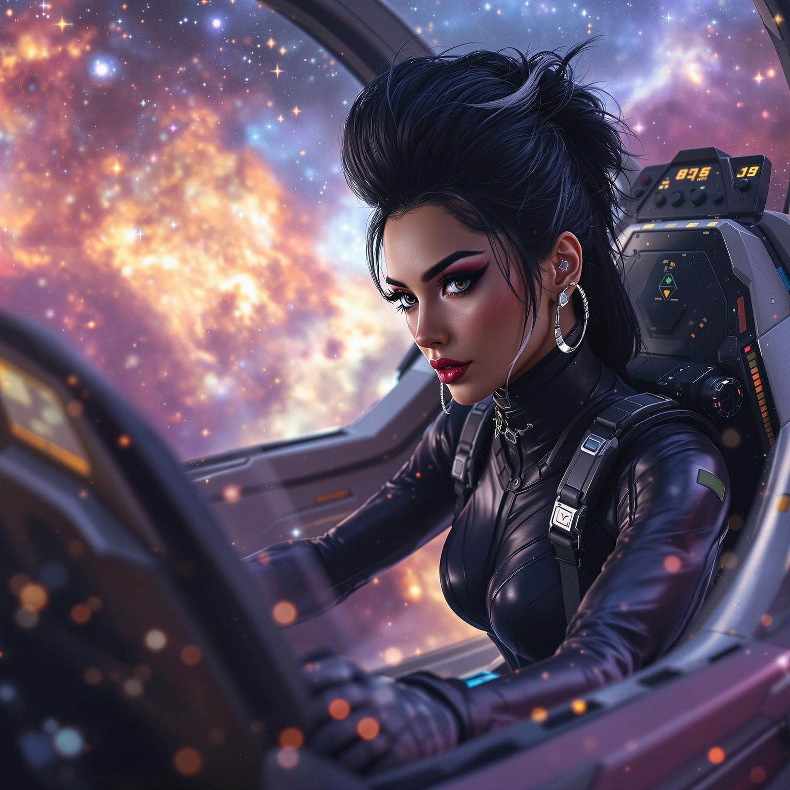 Futuristic Pilot Navigating a Nebula in Hyperrealism