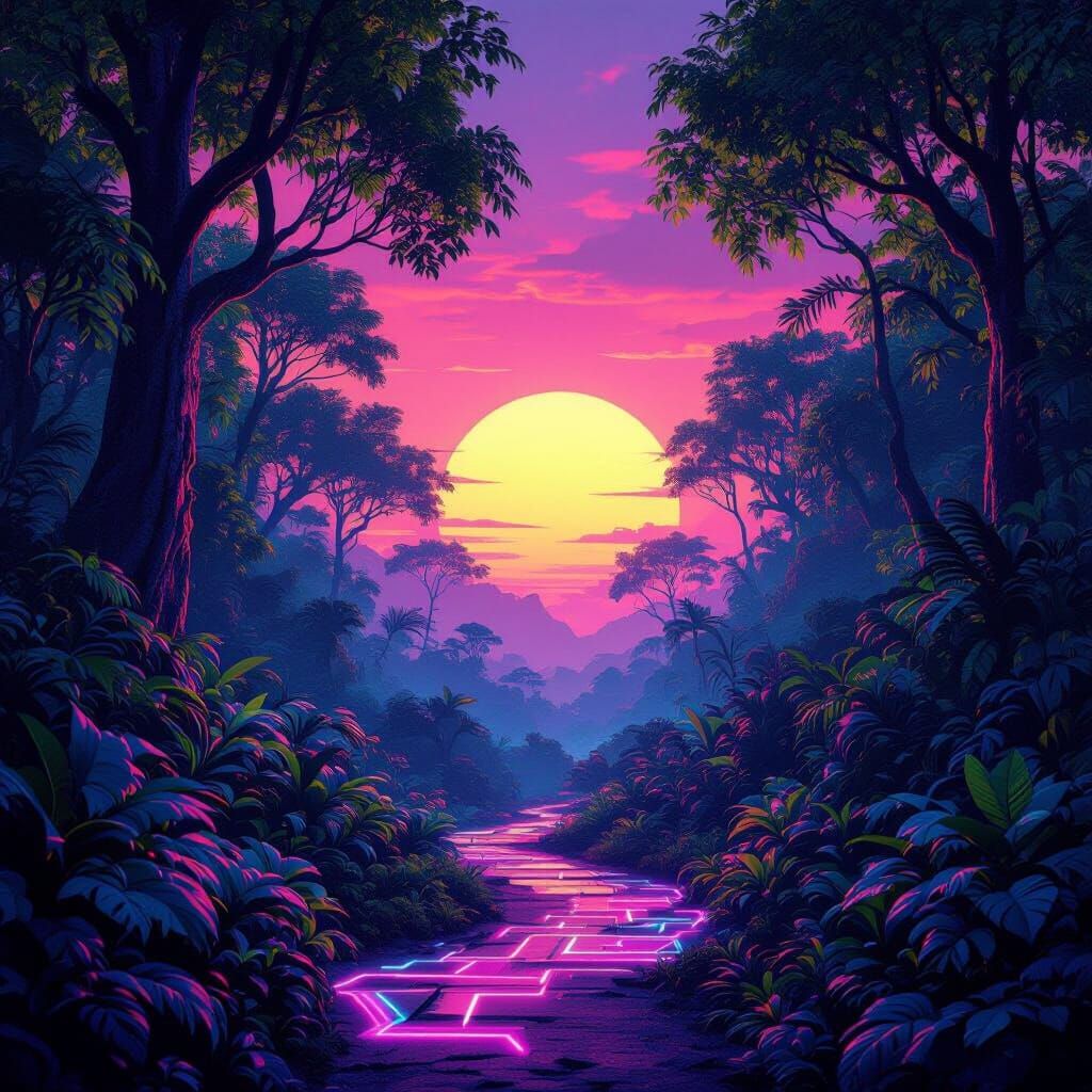 Synthwave Jungle With Neon Bioluminescent Foliage