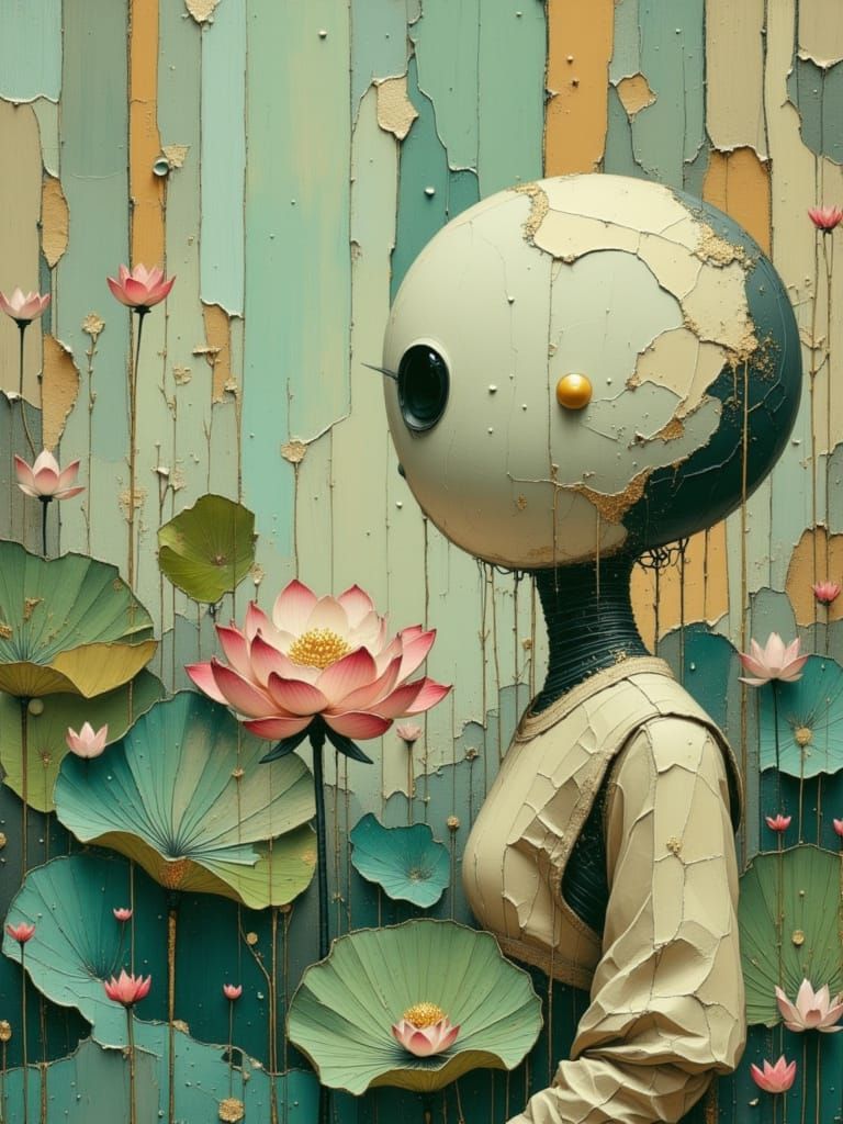 Cute 1950s Robot Enjoys Lotus Flower