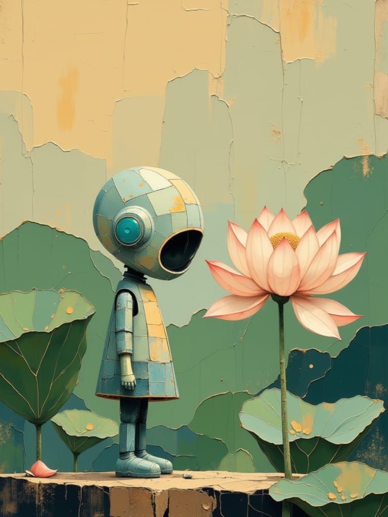 Cute 1950s Robot Smelling a Lotus Flower