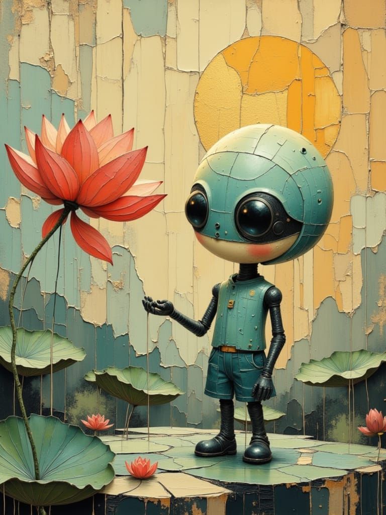 Cute 1950s Robot Smells Lotus Flower