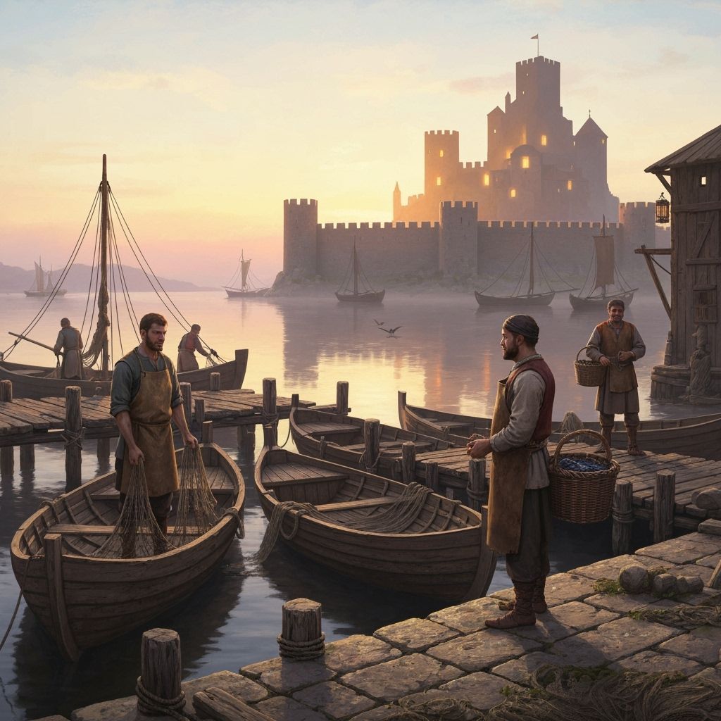 Medieval Port at Dawn in Impasto Style