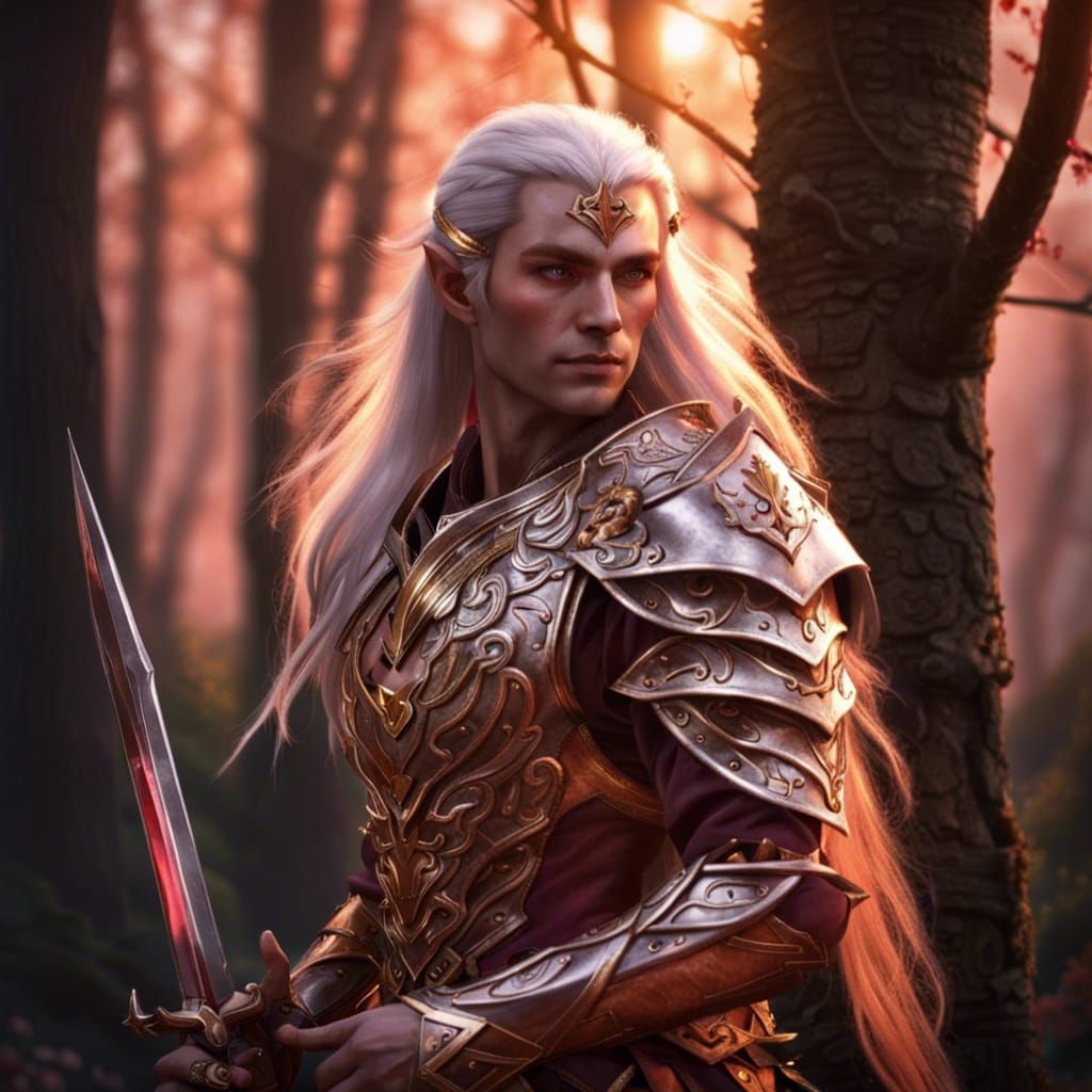 Magnificent Elf Warrior and Wolf in Sunset Light