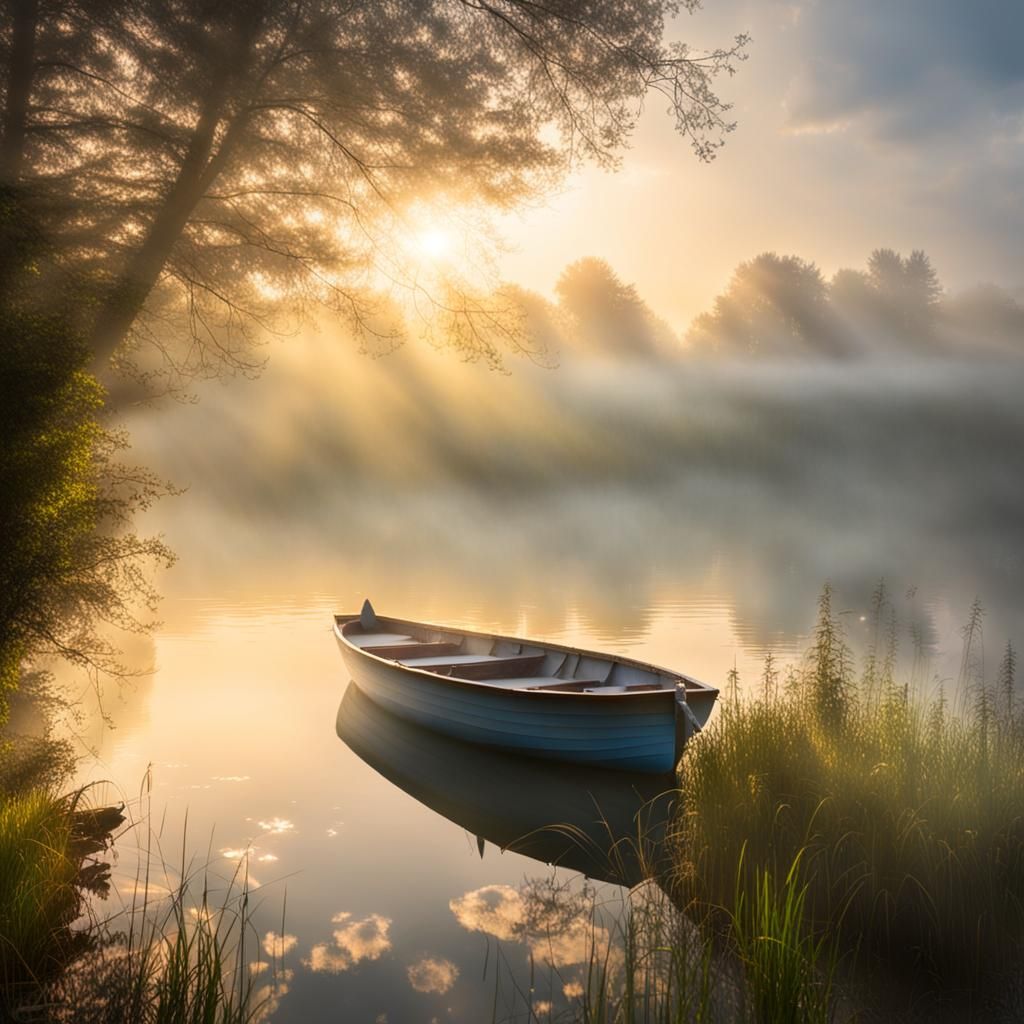 Misty Lake: Boat Shrouded in Heavenly Light