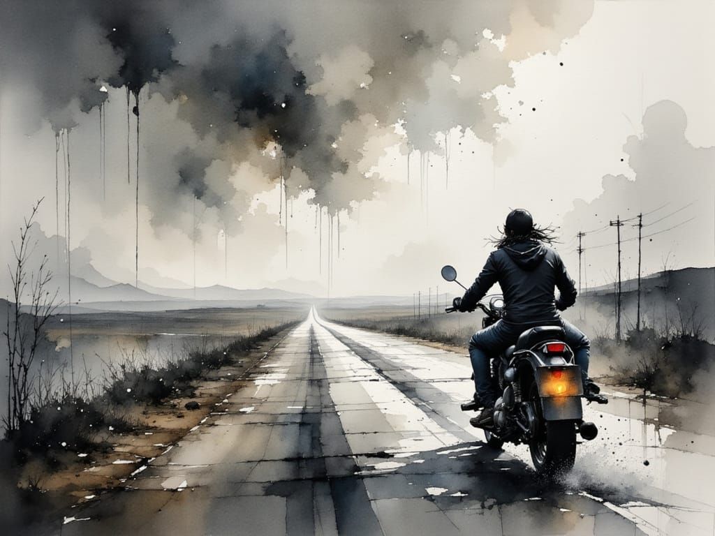 Motorcycle Rider on Rainy Highway: Ink Wash Style