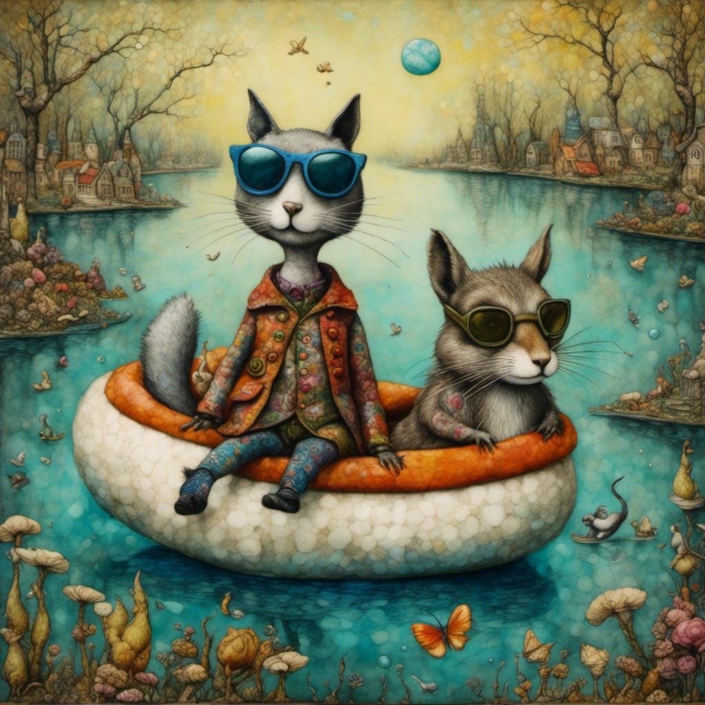 Whimsical Collage: Cat and Squirrel River Adventure