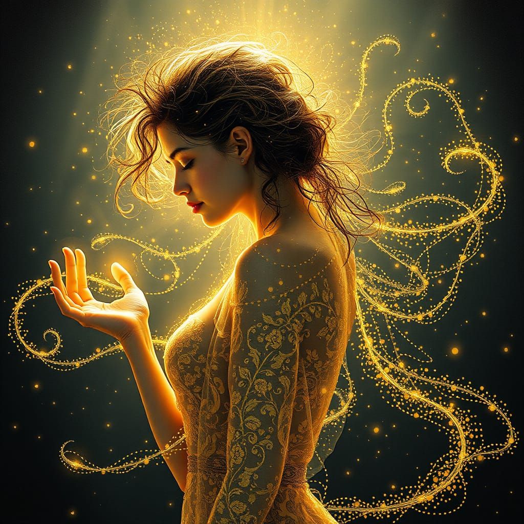 Woman's Shadow Transforms into Aura with Gold Filigree