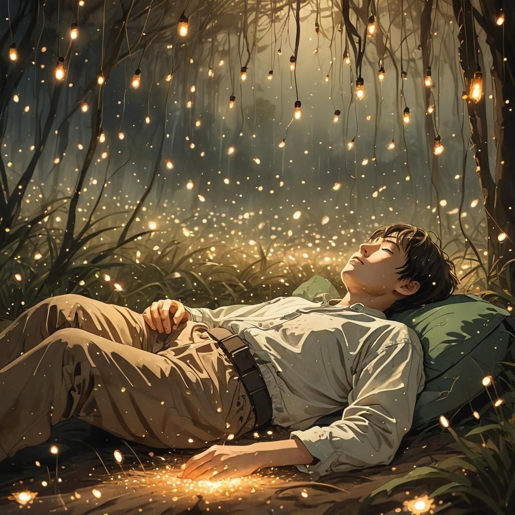 Dreamlike Firefly Scene in Sepia Watercolor Style