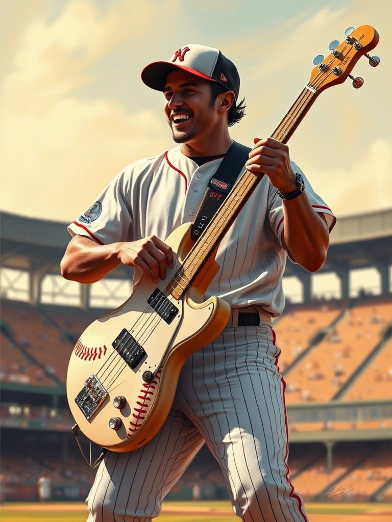 Vintage Baseball Player Rocks Retro Bass Guitar in Sun-Kisse...