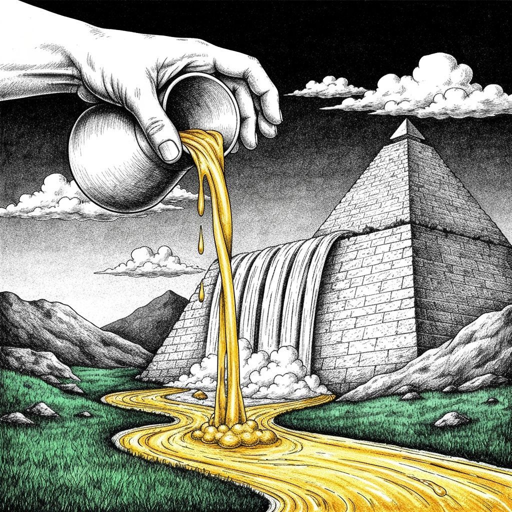 Golden River Pyramid: A Hypersurreal Charcoal Drawing