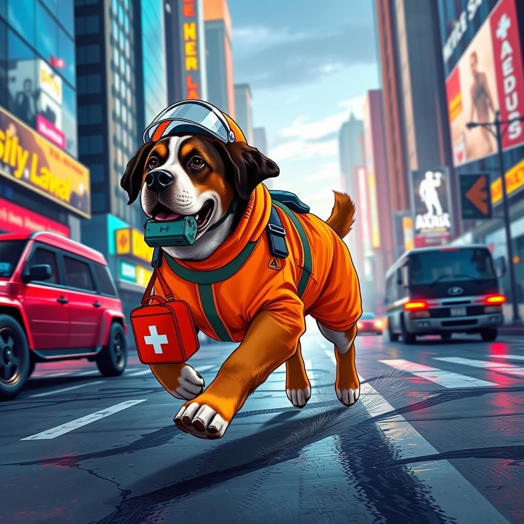 Paramedic Saint Bernard in Gritty Cityscape