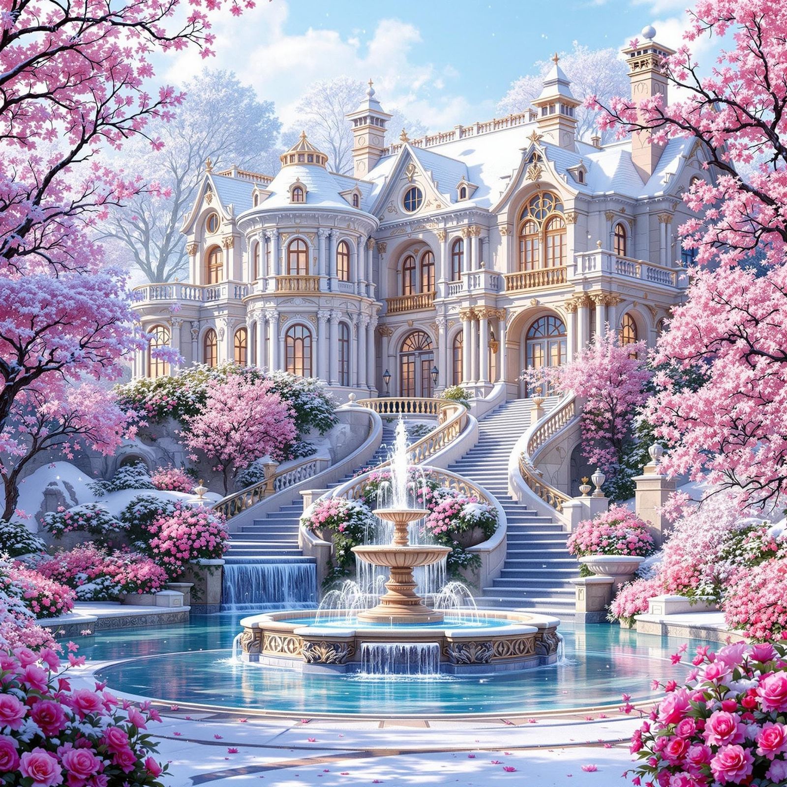 Winter Wonderland Mansion with Cherry Blossoms and Waterfall
