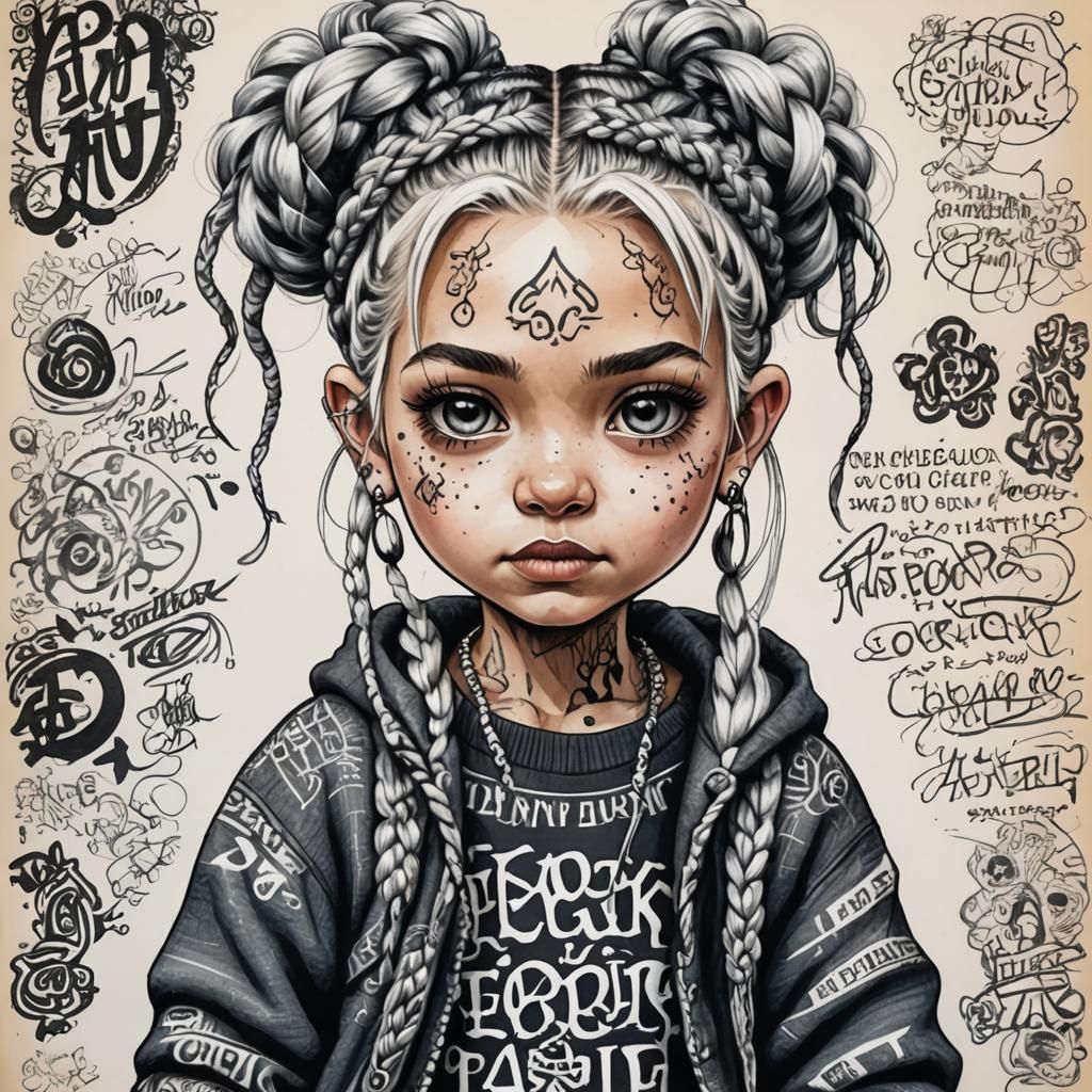 Calligraphic Ink Portrait of Punk Girl in Tattoo Style