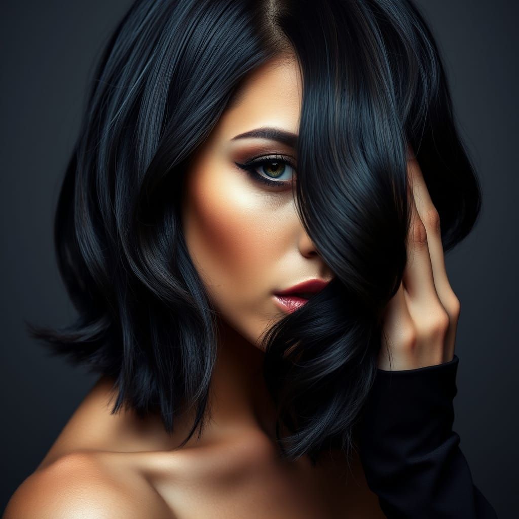 Sleek Woman with Wavy Wolf-Cut in Moody Editorial Style