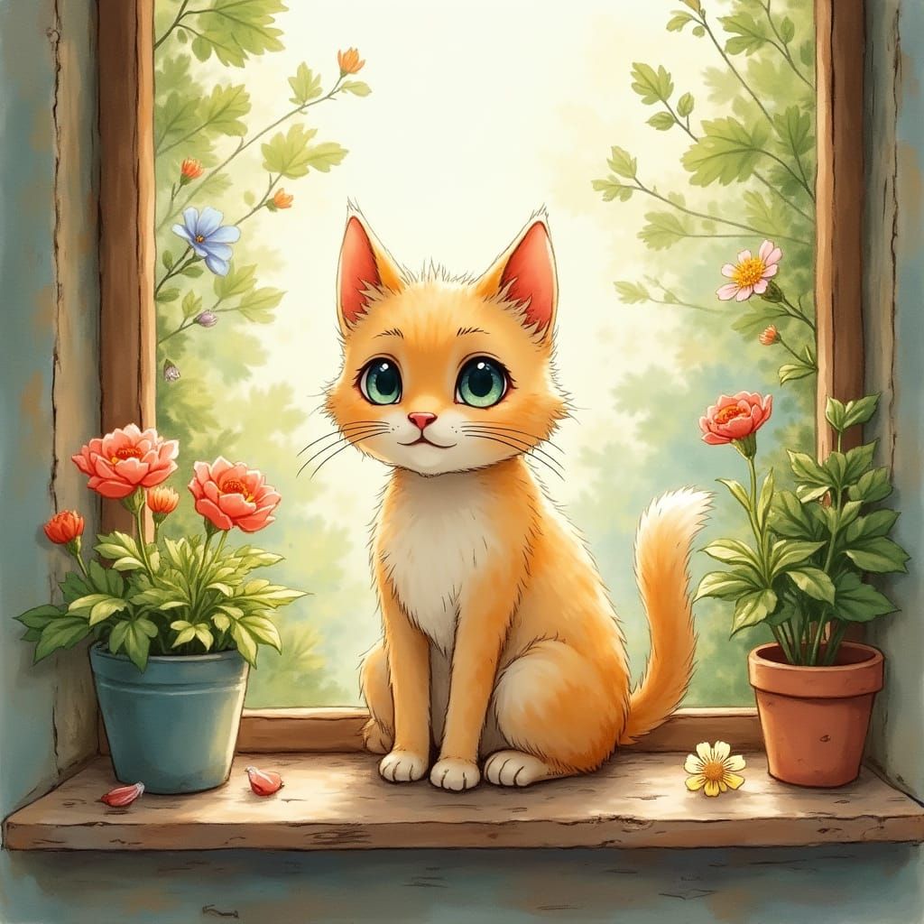 Whimsical Watercolor Cat in Cozy Sunbeam