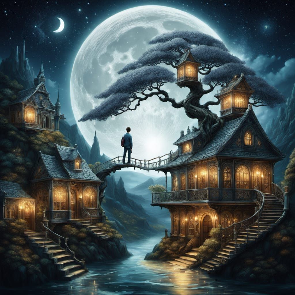 Surreal Moonlit Library in Whimsical Fantasy Style