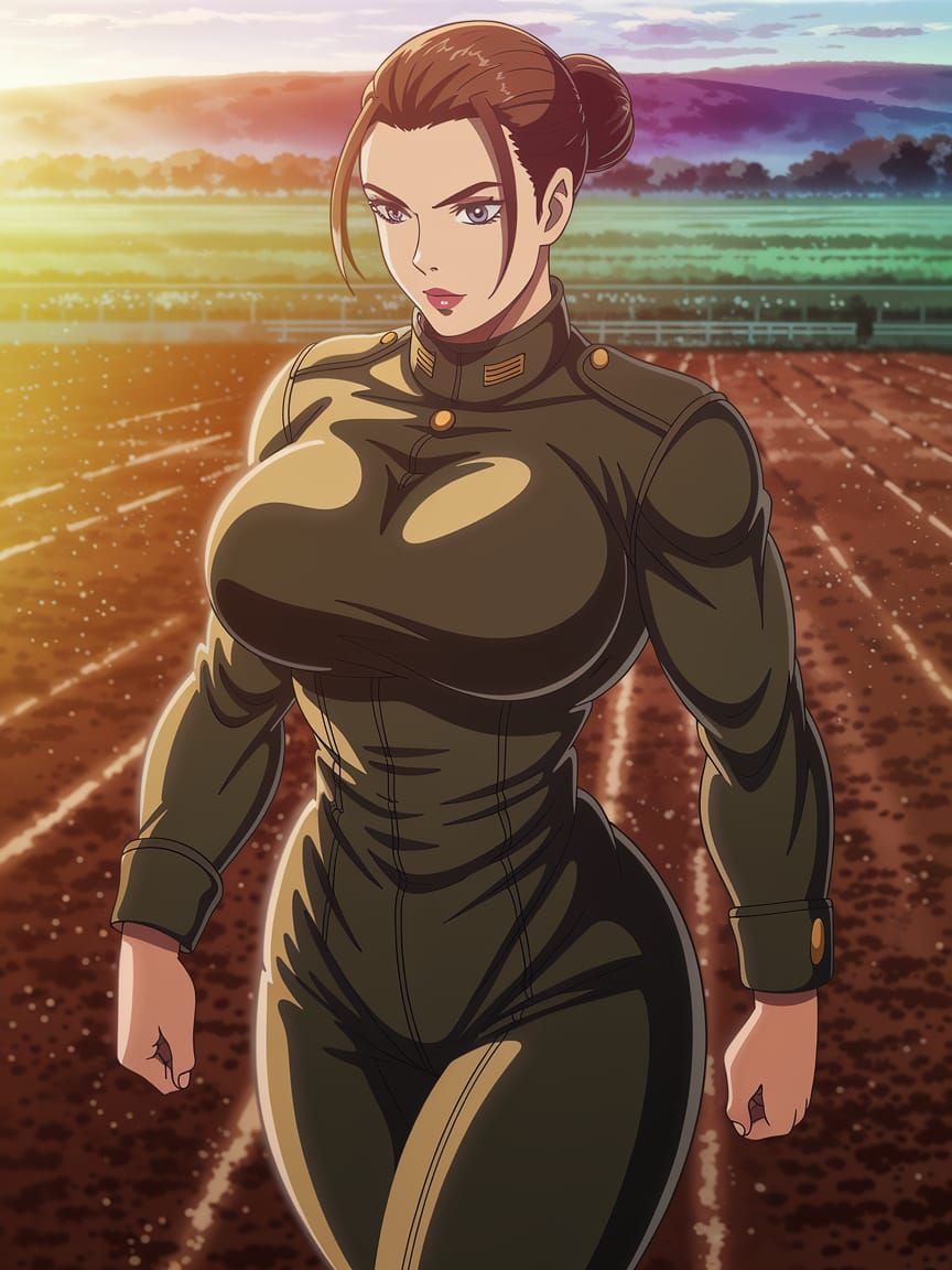 Anime Woman in Training Field, Hyper-Realism