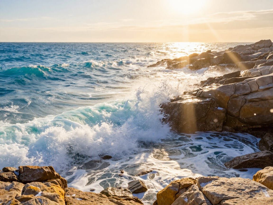 Luminous Sea with Crashing Waves and Snowfall