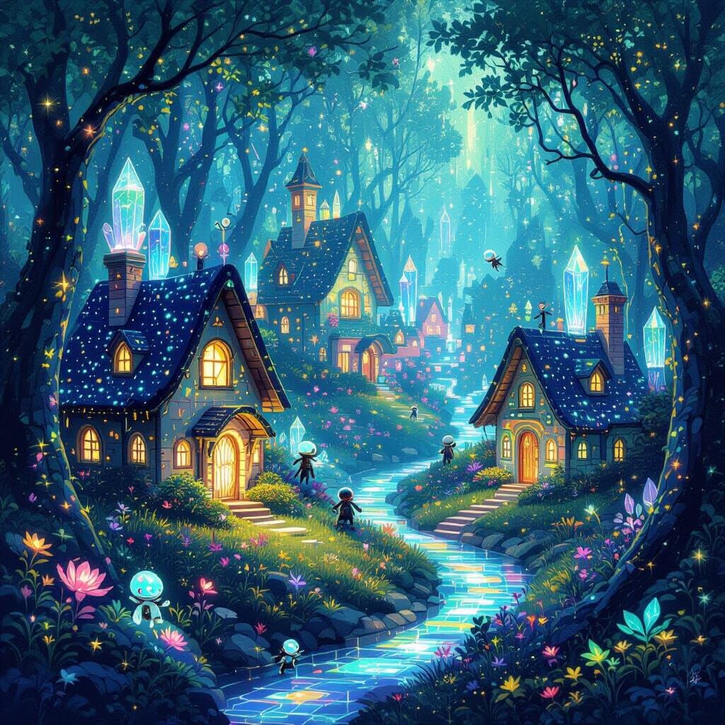 Futuristic Crystal Village in Bioluminescent Forest