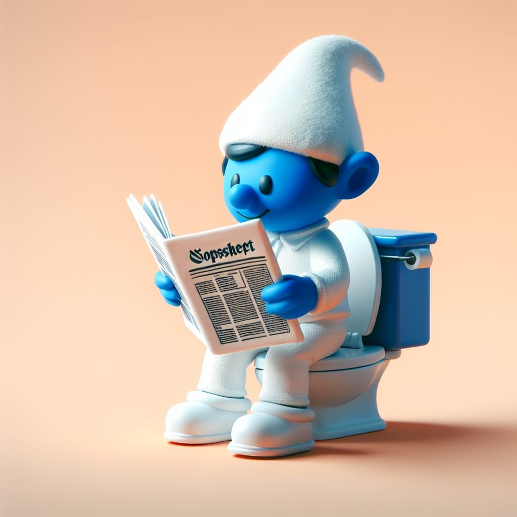 Cartoon Smurf Reading Newspaper on Toilet