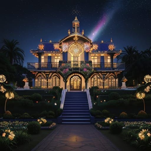 Fira in Art Nouveau Garden at Night