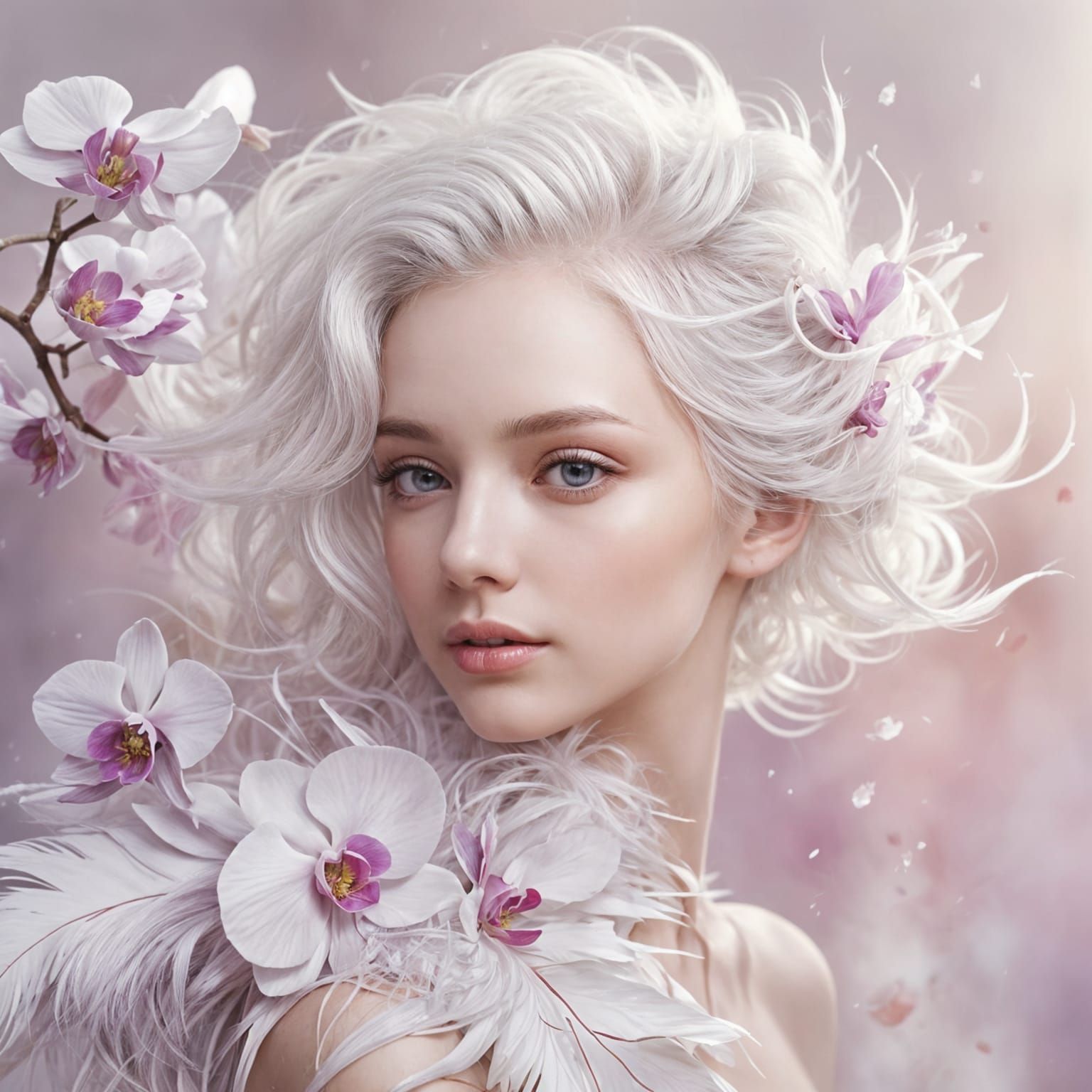 Orchid and Feather Portrait in Watercolor Style