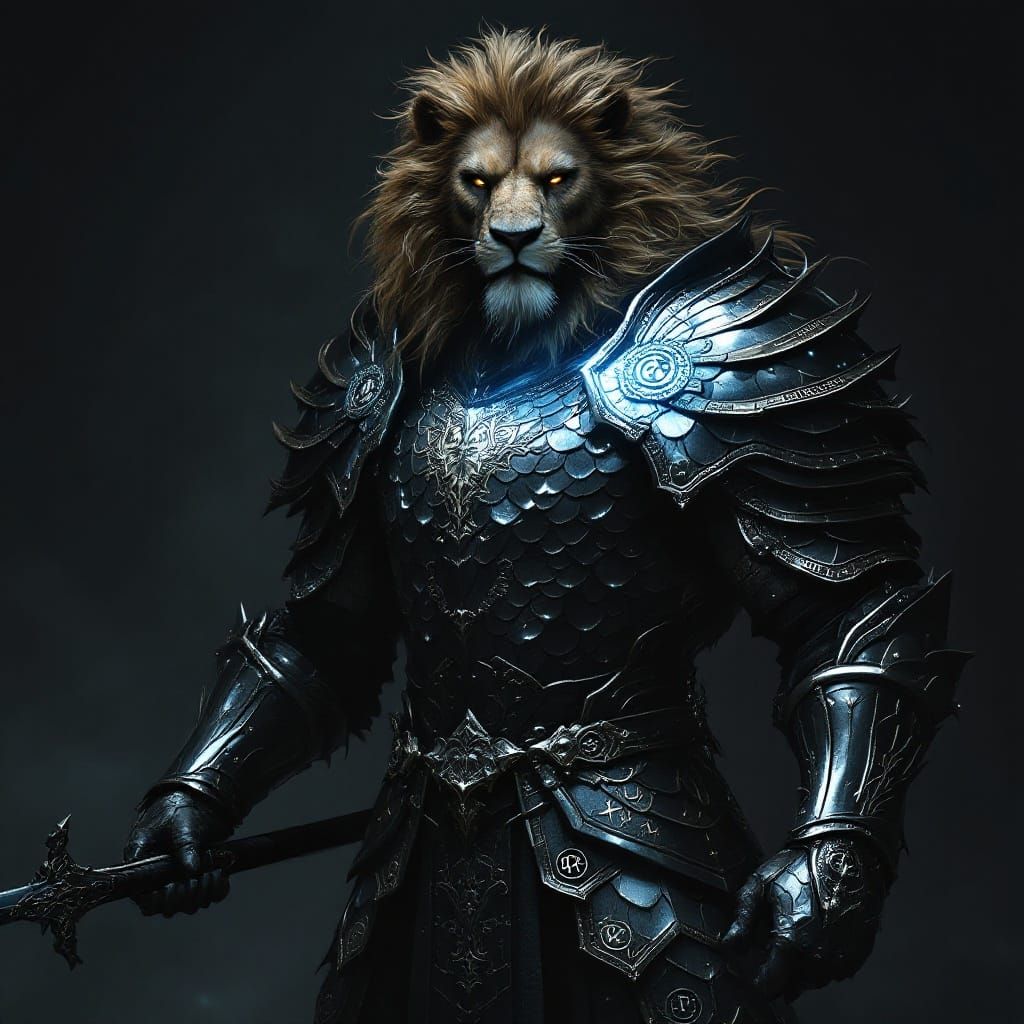 Regal Lion Beast Man in Dragon Scale Armor Wields Rune-Engra...