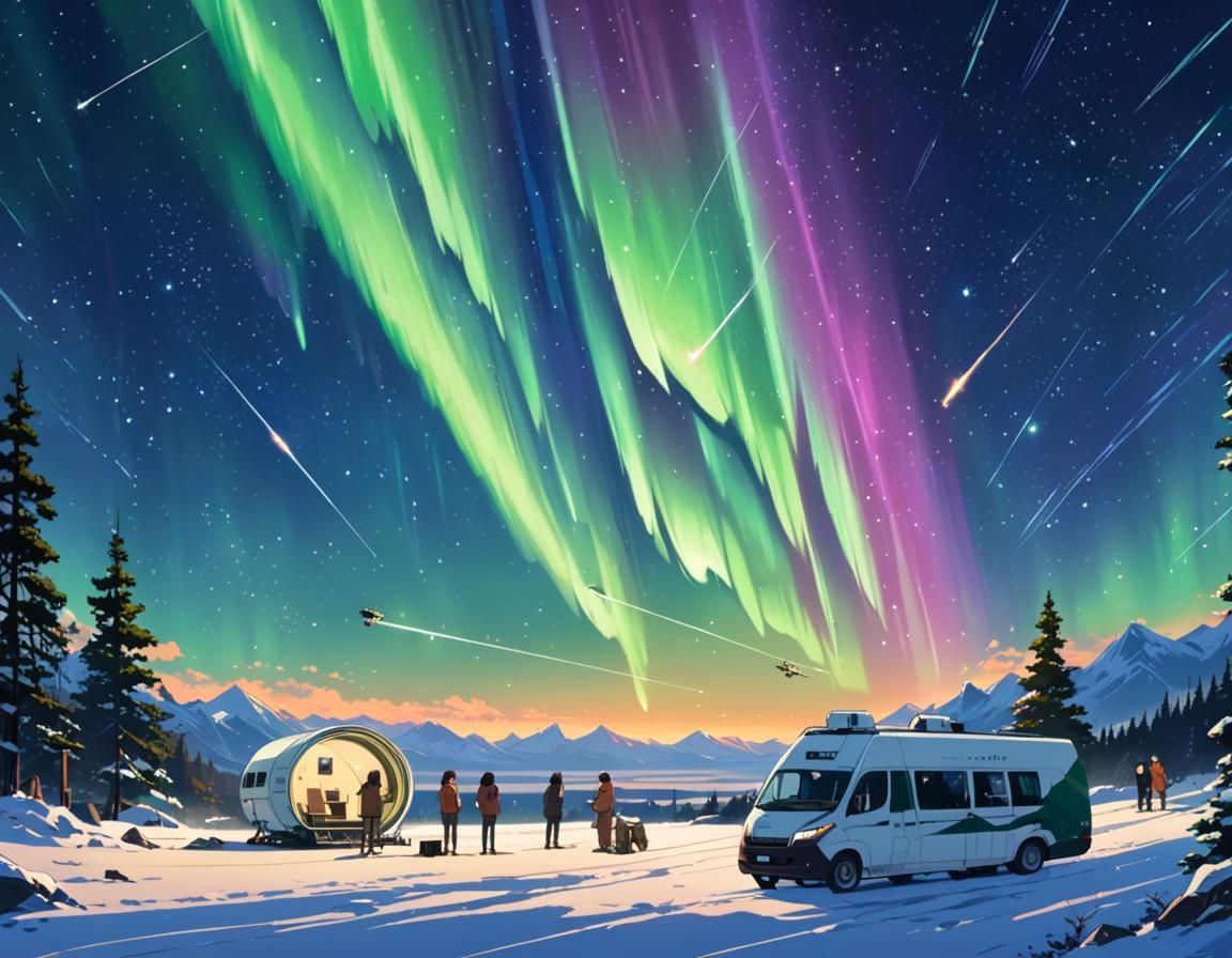 Aurora Borealis over Mobile Observatory in Ghibli Style