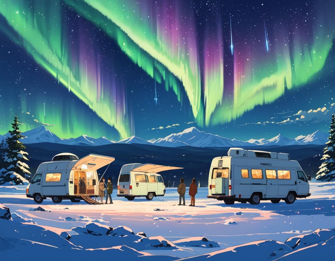 Aurora Borealis Over Observatory in Ghibli Style