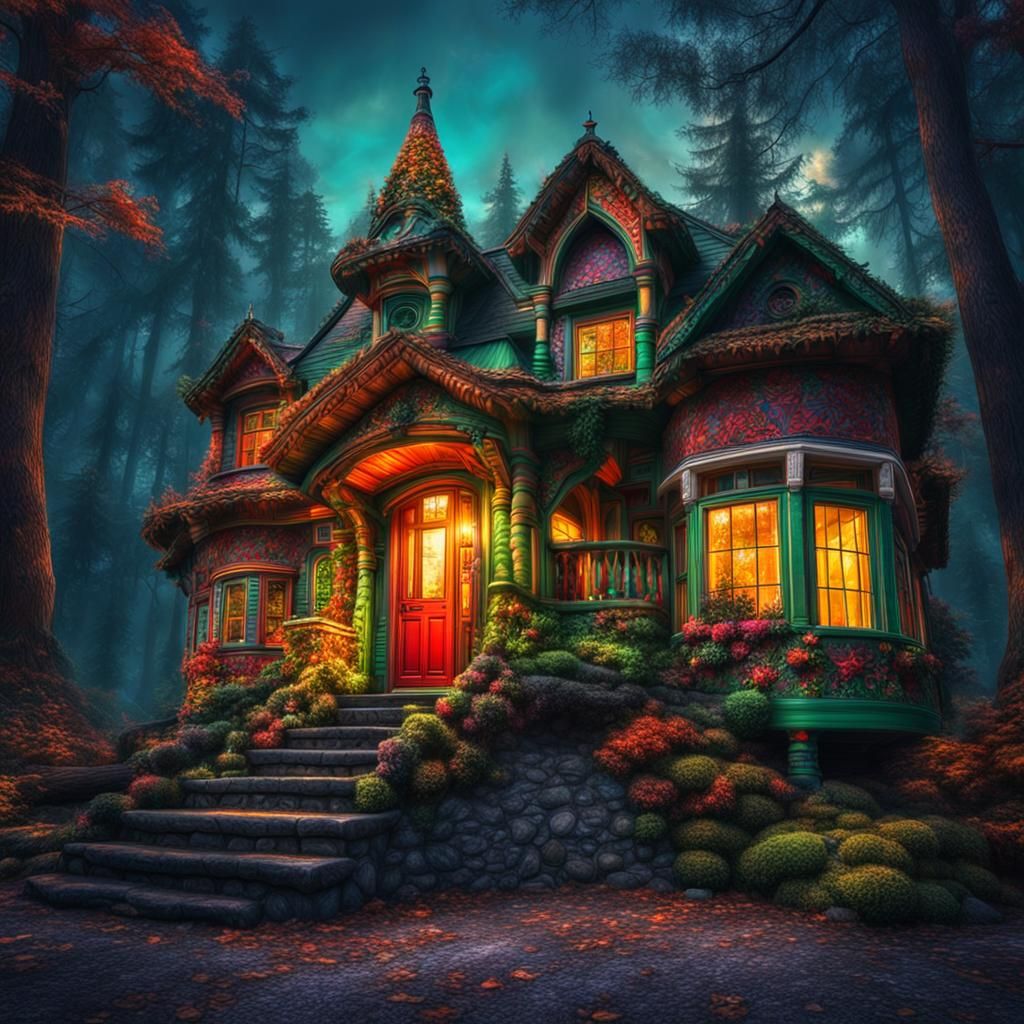 Colorful Hyperrealistic House in Atmospheric Woods