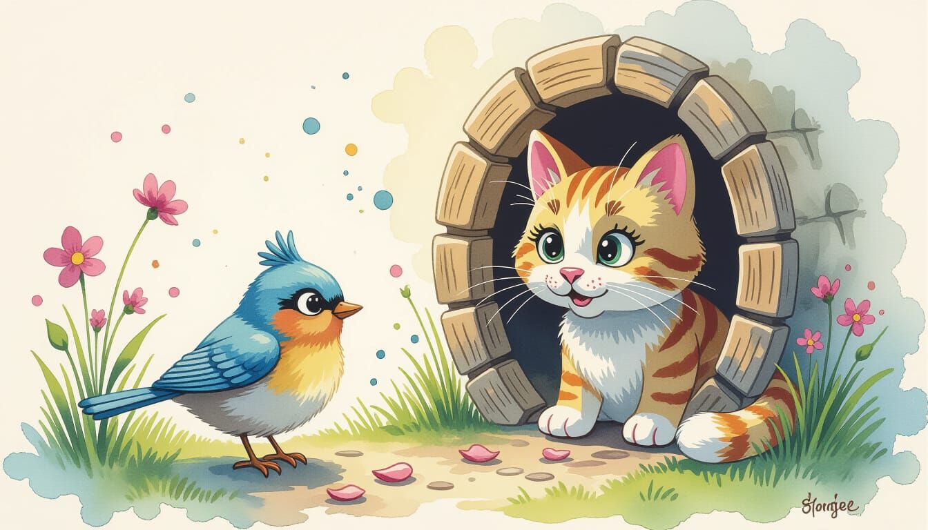 Claymation Cat and Bird in Expressive Watercolor Style