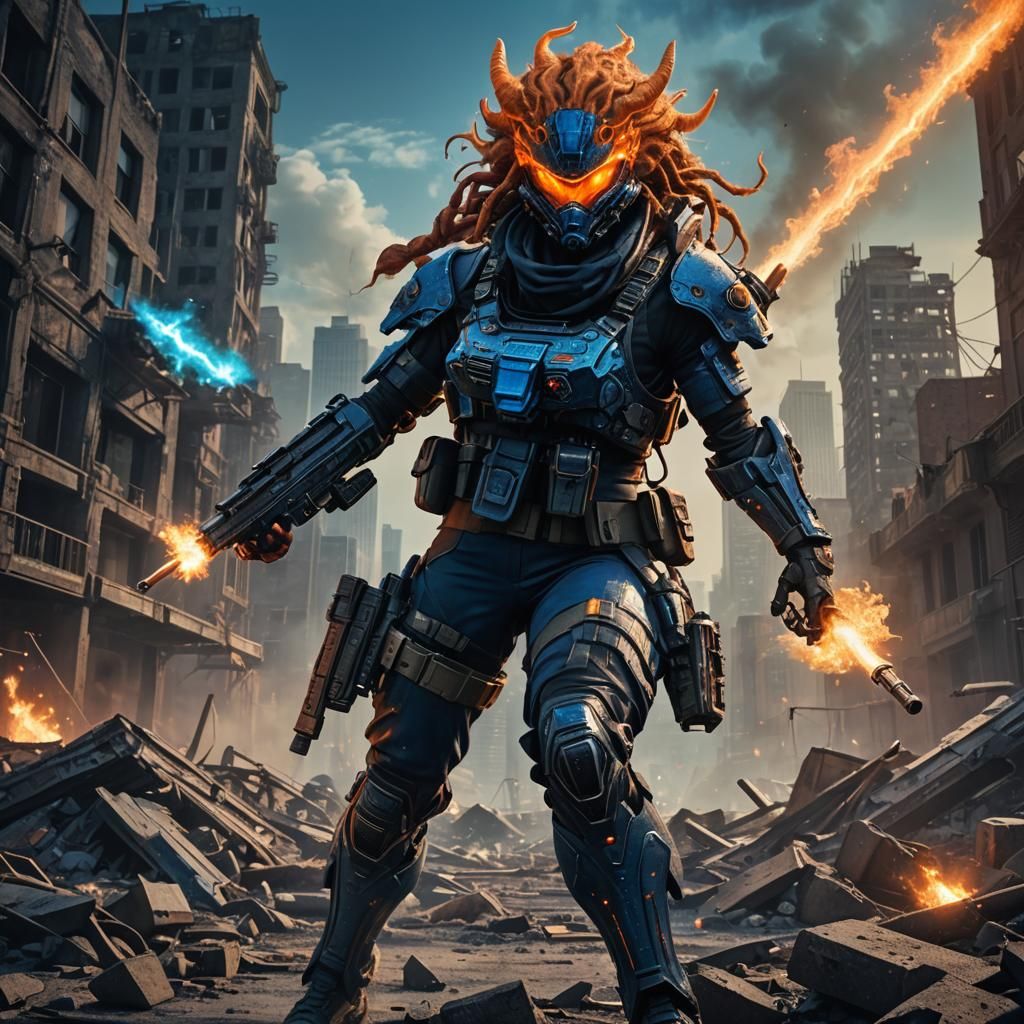 Combat Soldier Fighting Alien Monster in Ravaged Cityscape