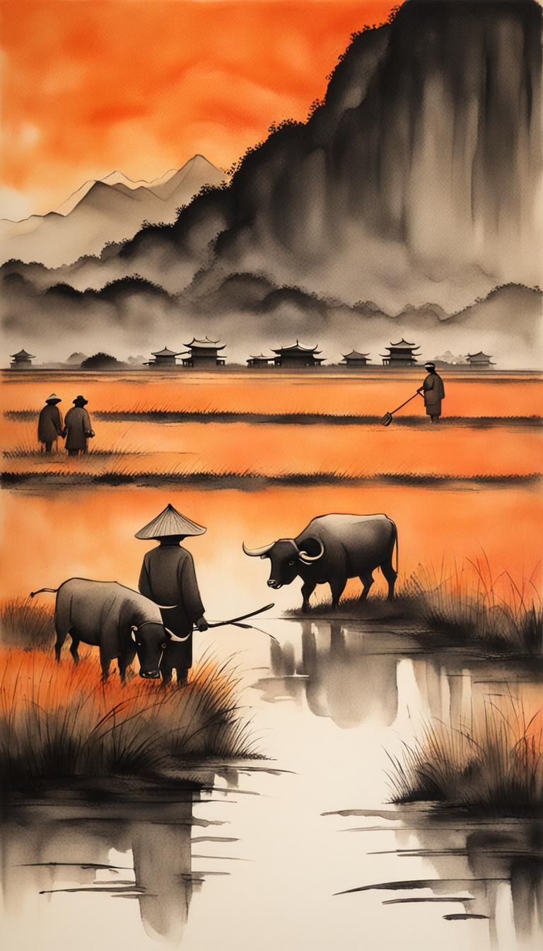 Minimalist Chinese Ink Painting of Water Buffalo at Sunset