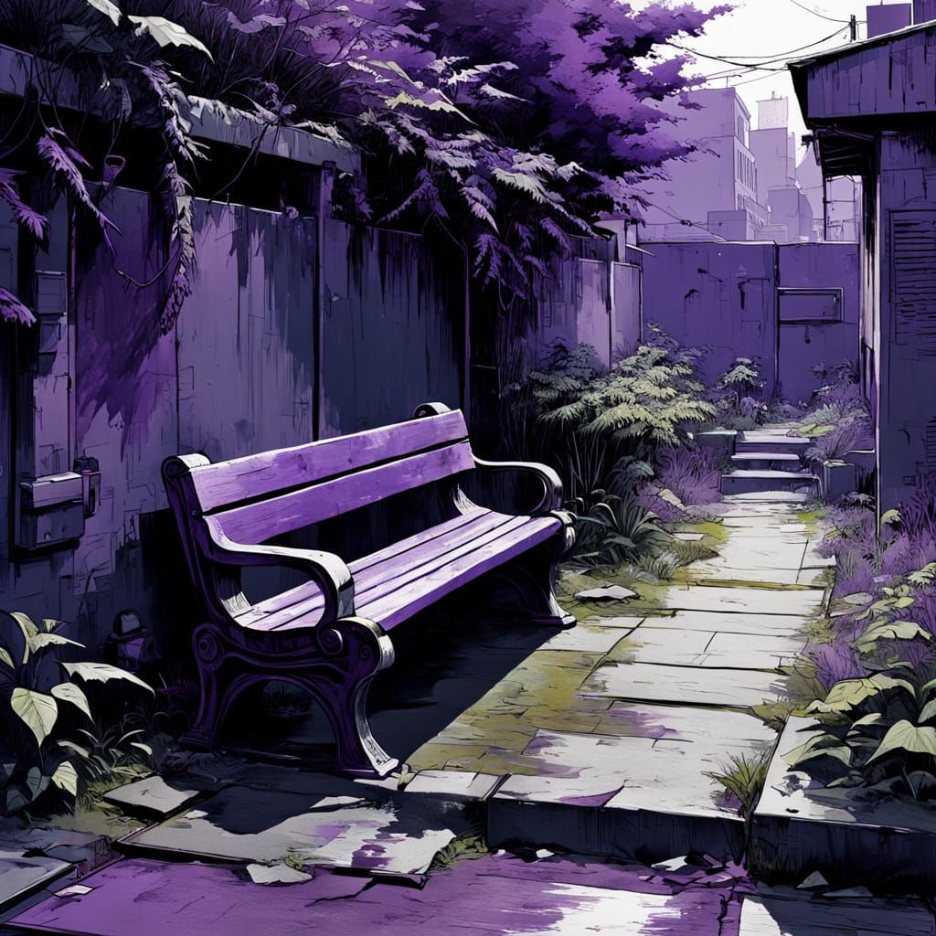 Melancholic Bench in Purple Dystopian Backyard
