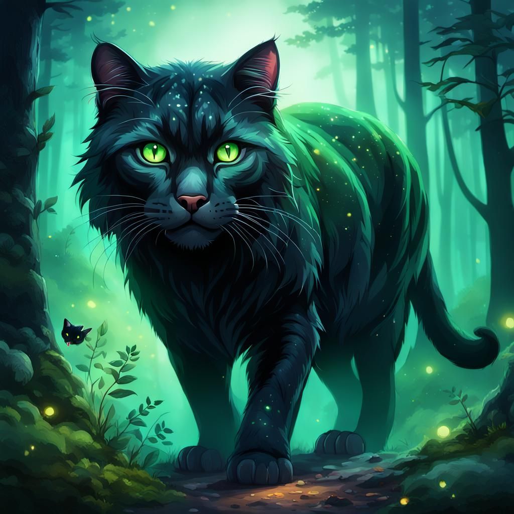 Black Cat Hunting Mouse in Twilight Forest