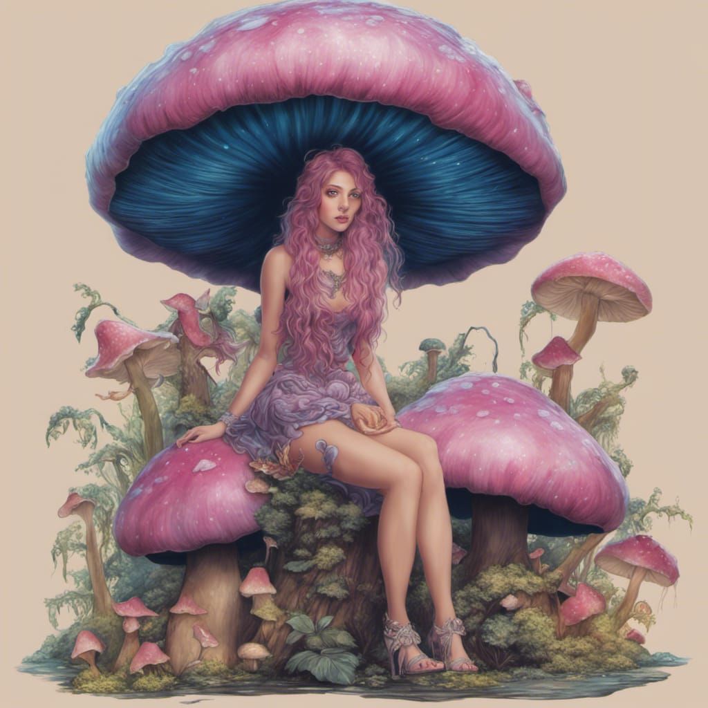 Sweaty Fairy on Slime Mushroom: Photorealistic Art