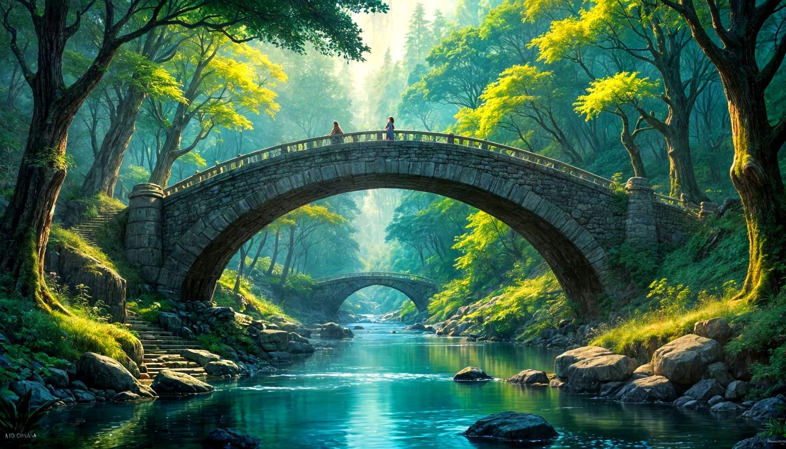 Ancient Stone Bridge Over Mystical River in Enchanted Forest