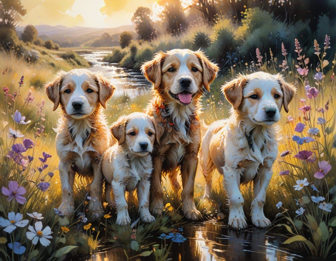 Puppies Play in Meadow: Watercolor Art