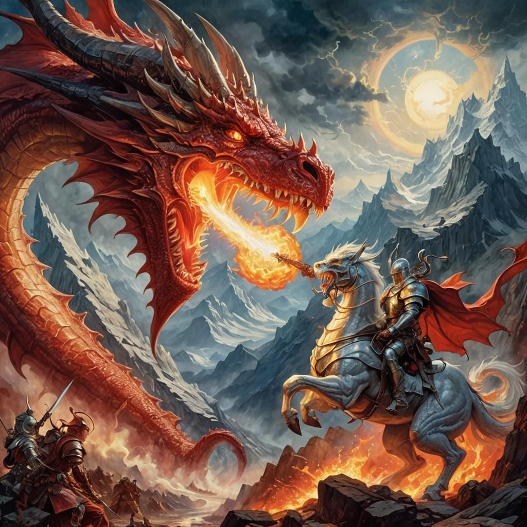 Red Dragon's Fiery Breath in Classic Fantasy Art