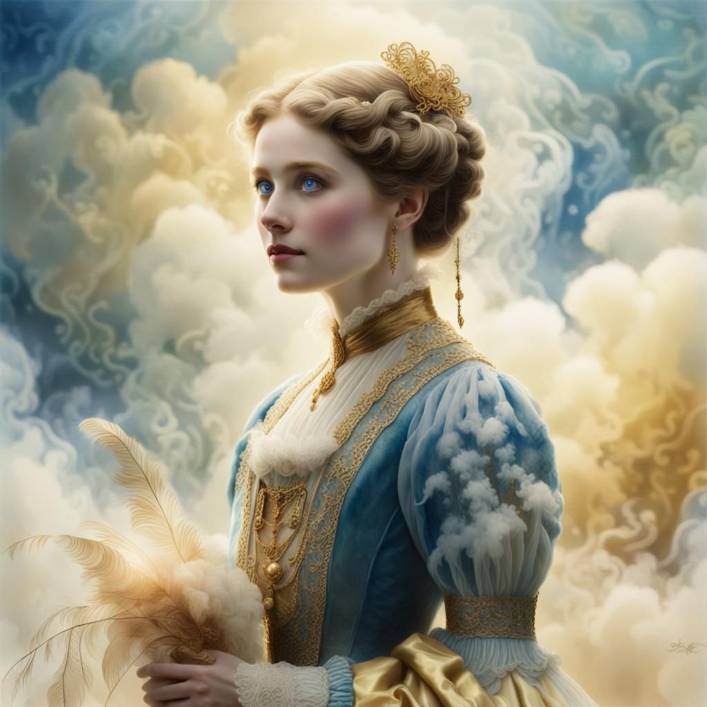 Victorian Beauty in Mist, Beatrix Potter Watercolor Style