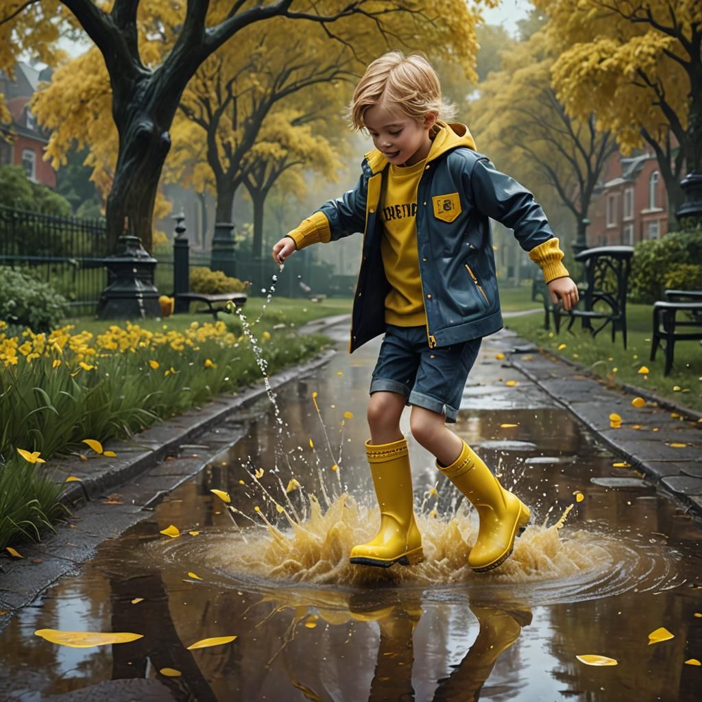 Child Splashing in Puddles: Fantasy Matte Painting