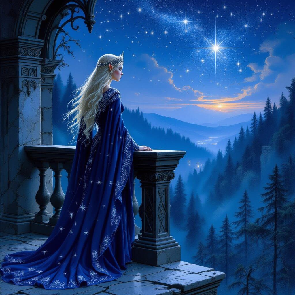 Ethereal Elven Queen on Obsidian Balcony Overlooking Starlit...