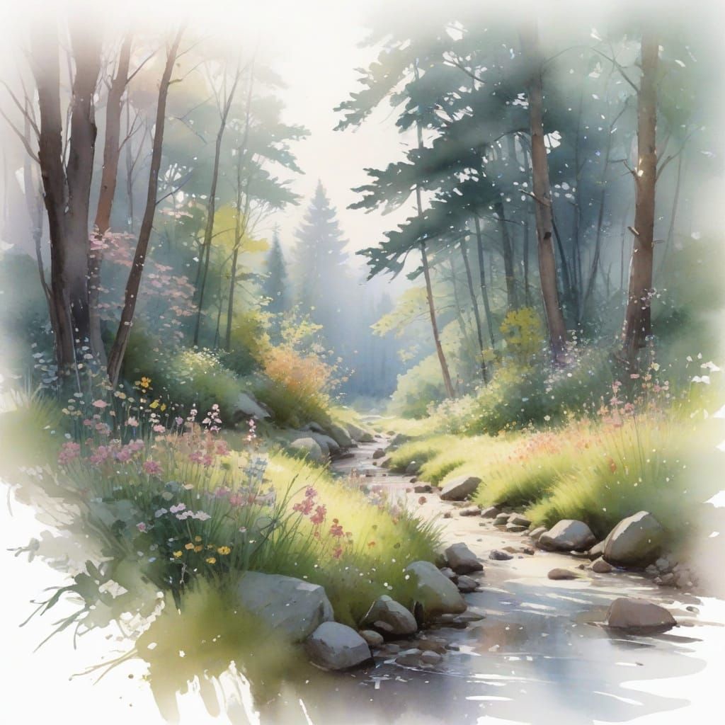 Fawn in Sunlit Forest: Pastel Watercolor Dreamscape