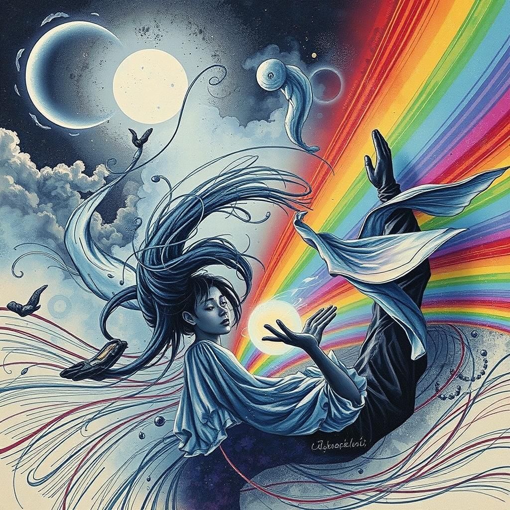 Dreamlike Figure Floating with Orb in Surrealist Style