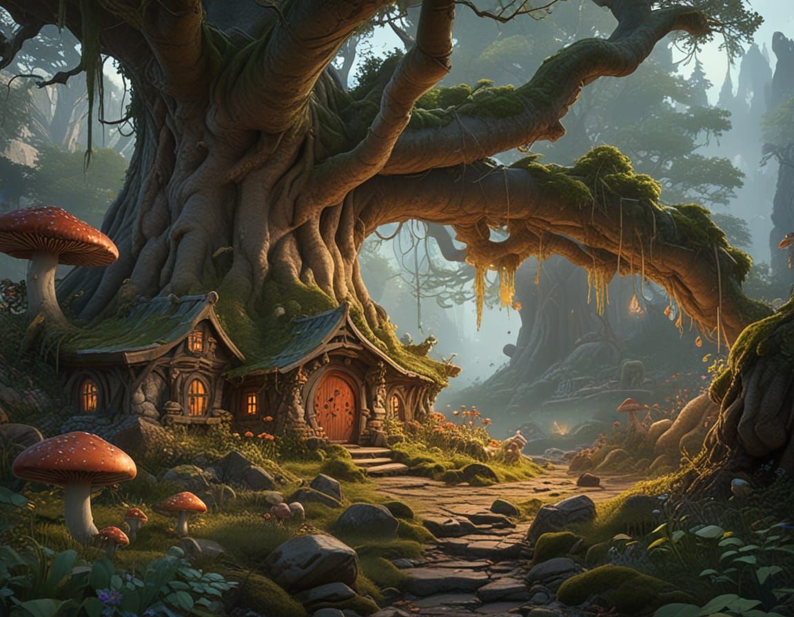Whimsical Troll Village in Ancient Tree Roots