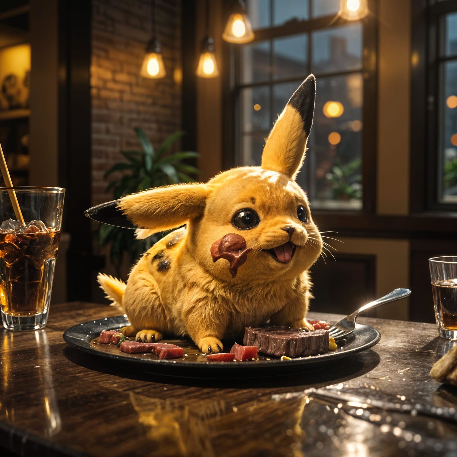 Hyperrealistic Pikachu Enjoys Gourmet Steak