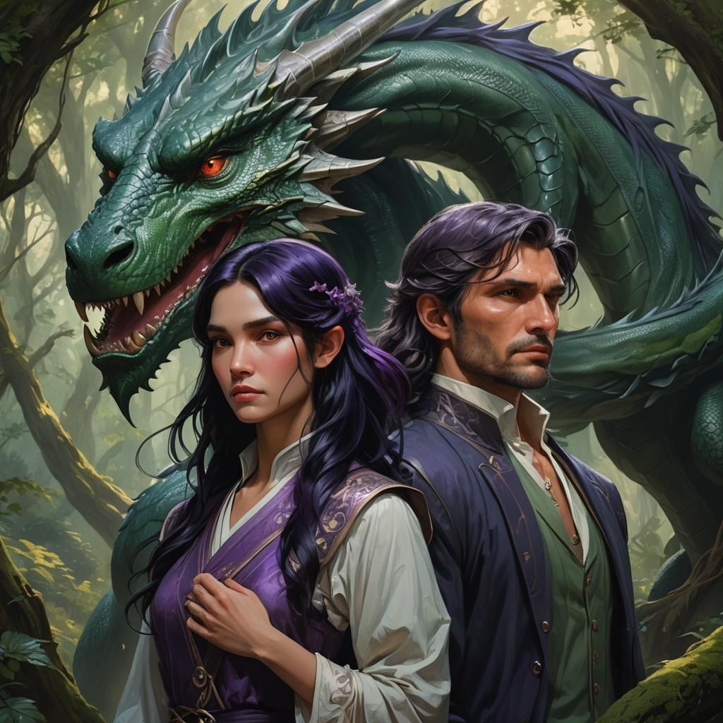 Fantasy Portrait: Man, Woman, and Dragon, Hyperdetailed Art