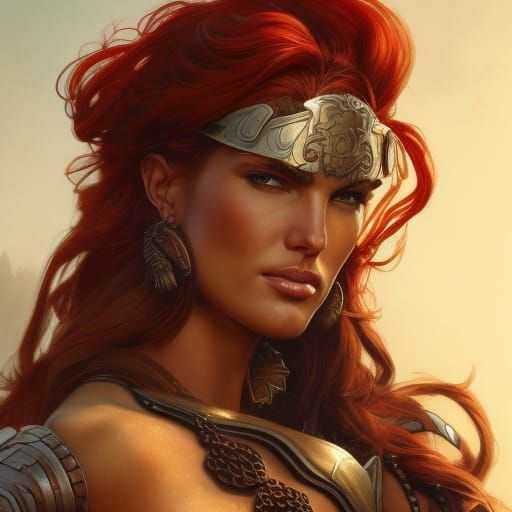 Red Sonja Portrait in Hyperdetailed Digital Art Style